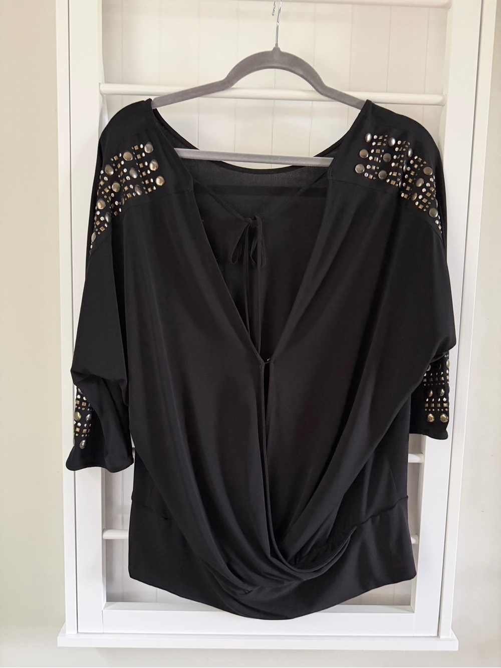 Rock & Republic Black V-Neck Drape Top with Gold Studs